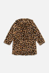 Faux Fur Long Coat Brown Leopard Print