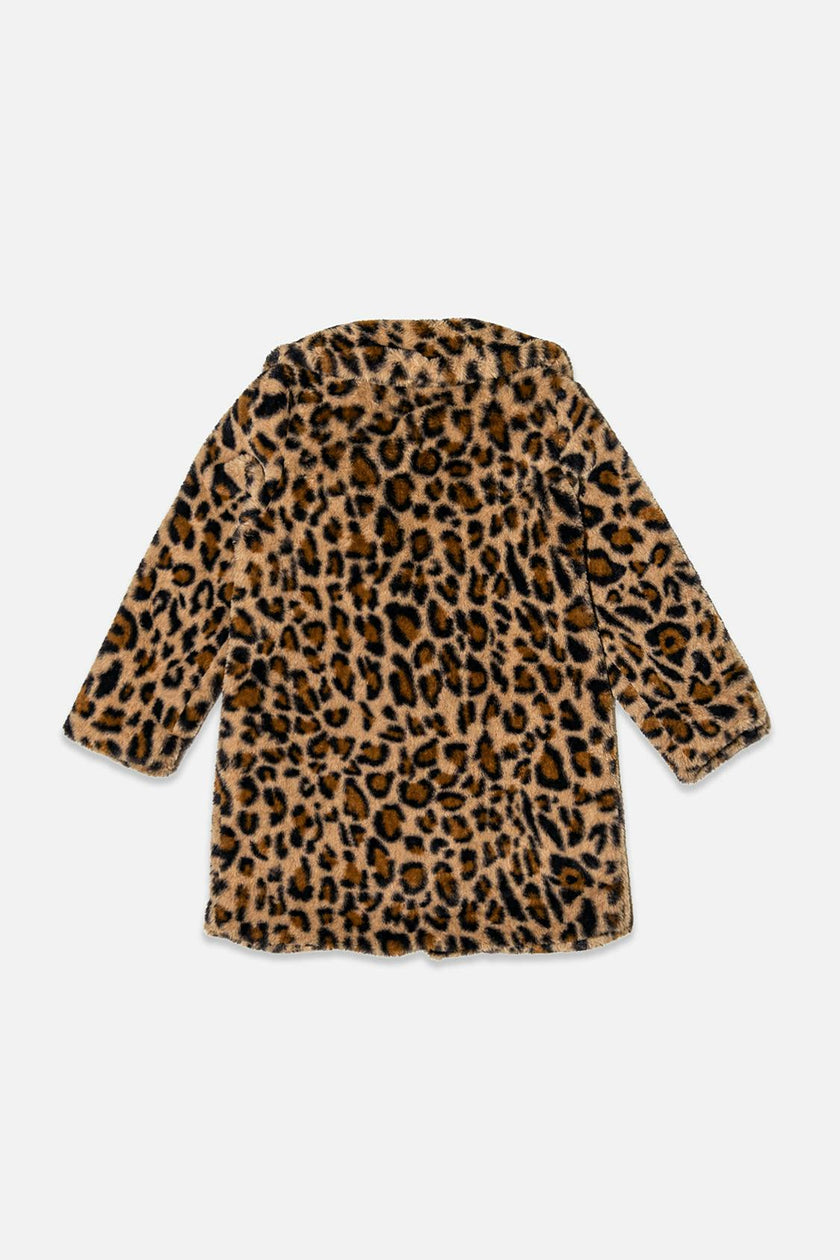 Faux Fur Long Coat Brown Leopard Print