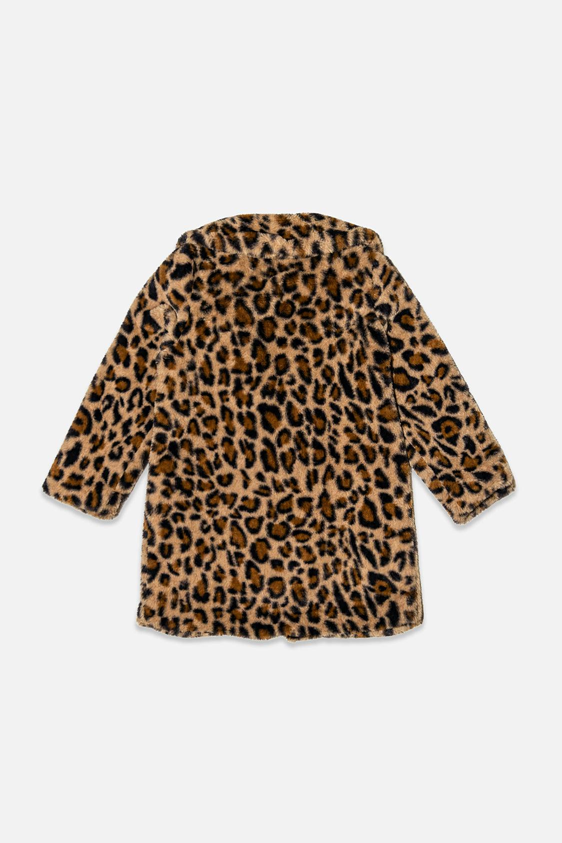 Faux Fur Long Coat Brown Leopard Print