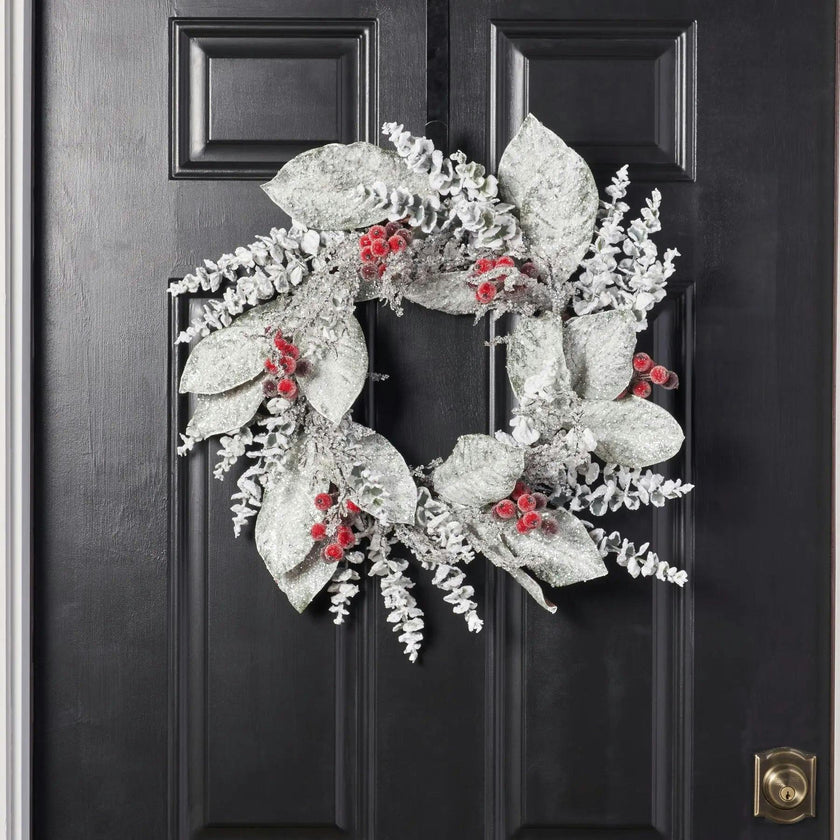 Snow Covered Magnolia Leaf & Eucalyptus with Iced Sugar Berry Seed Pods Holiday Winter Wreath