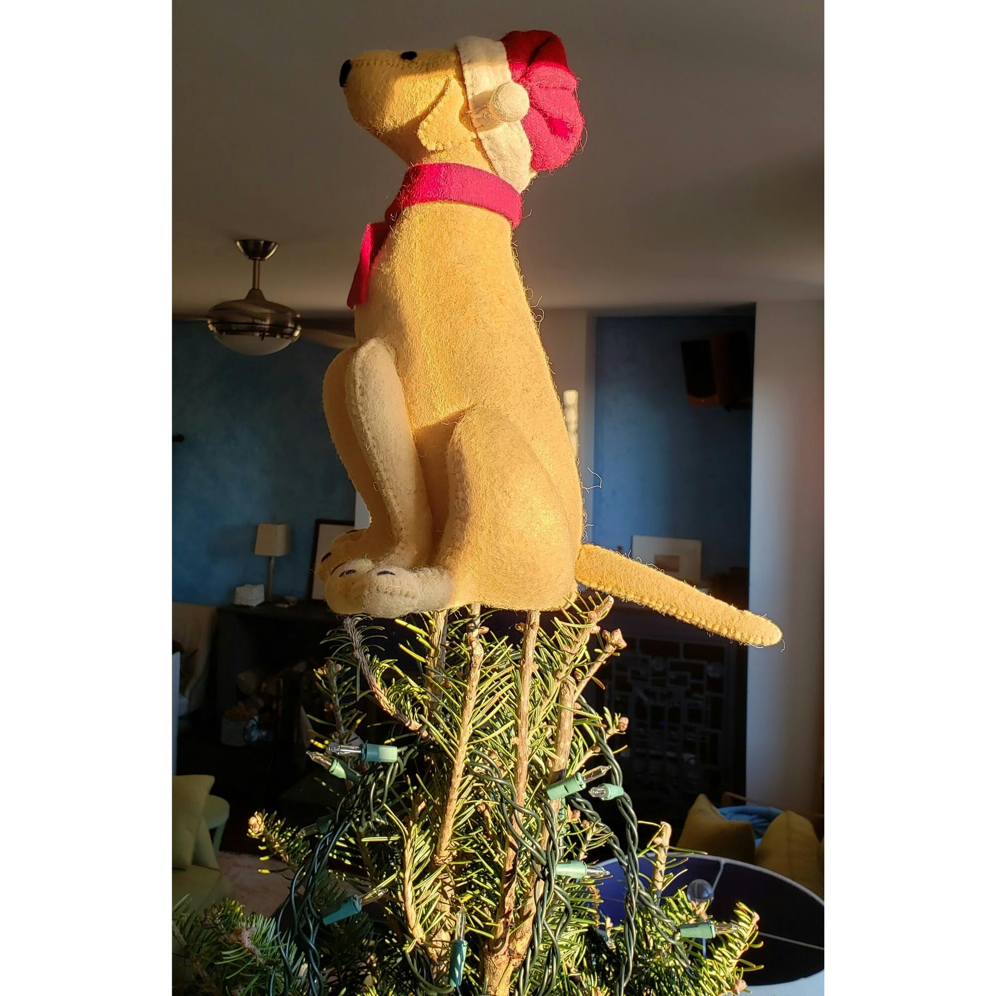 Tan Yellow Lab with Santa Hat Christmas Tree Topper in Hand Felted Wool