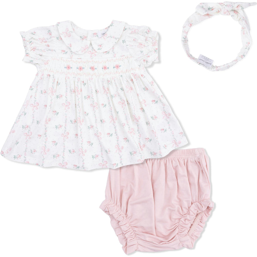 Dainty Buds and Bows - Smocked Dress Set and Headband