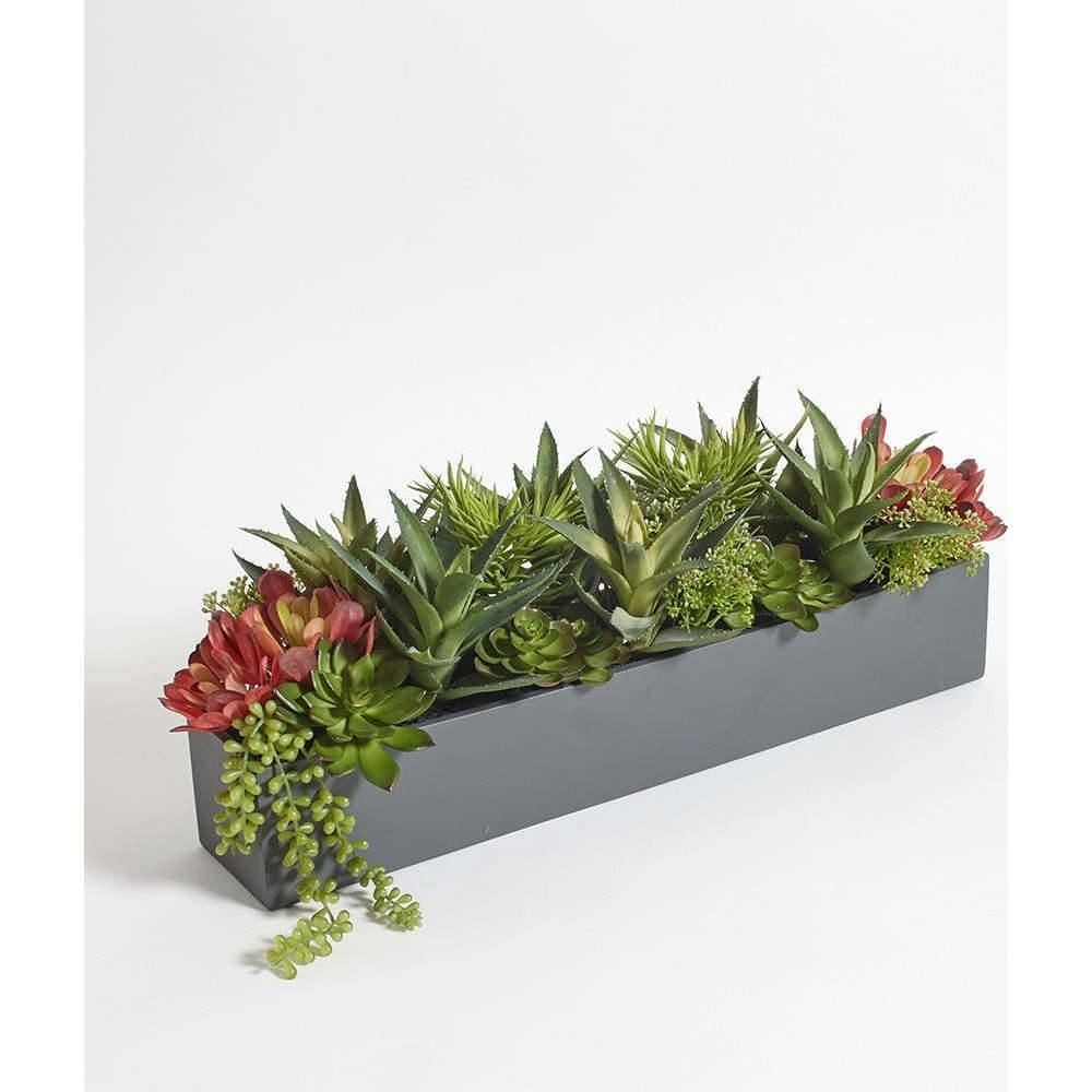 Rectangular Artificial Succulent Arrangement, Gray Planter