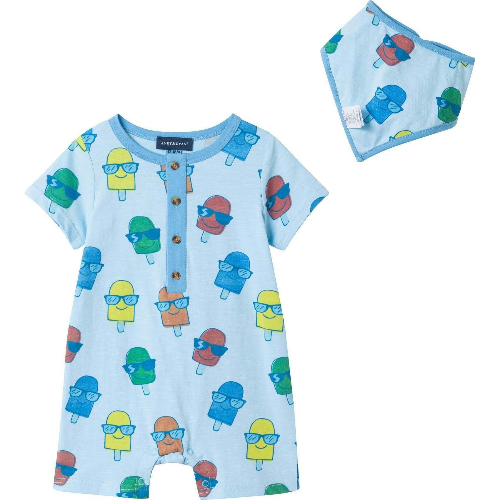Infant Boys Henley Romper & Bib Set | Blue Ice-Pops