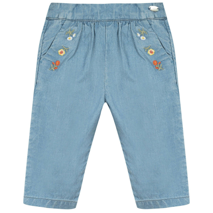 Floral Embroidered Chambray Baby Pants