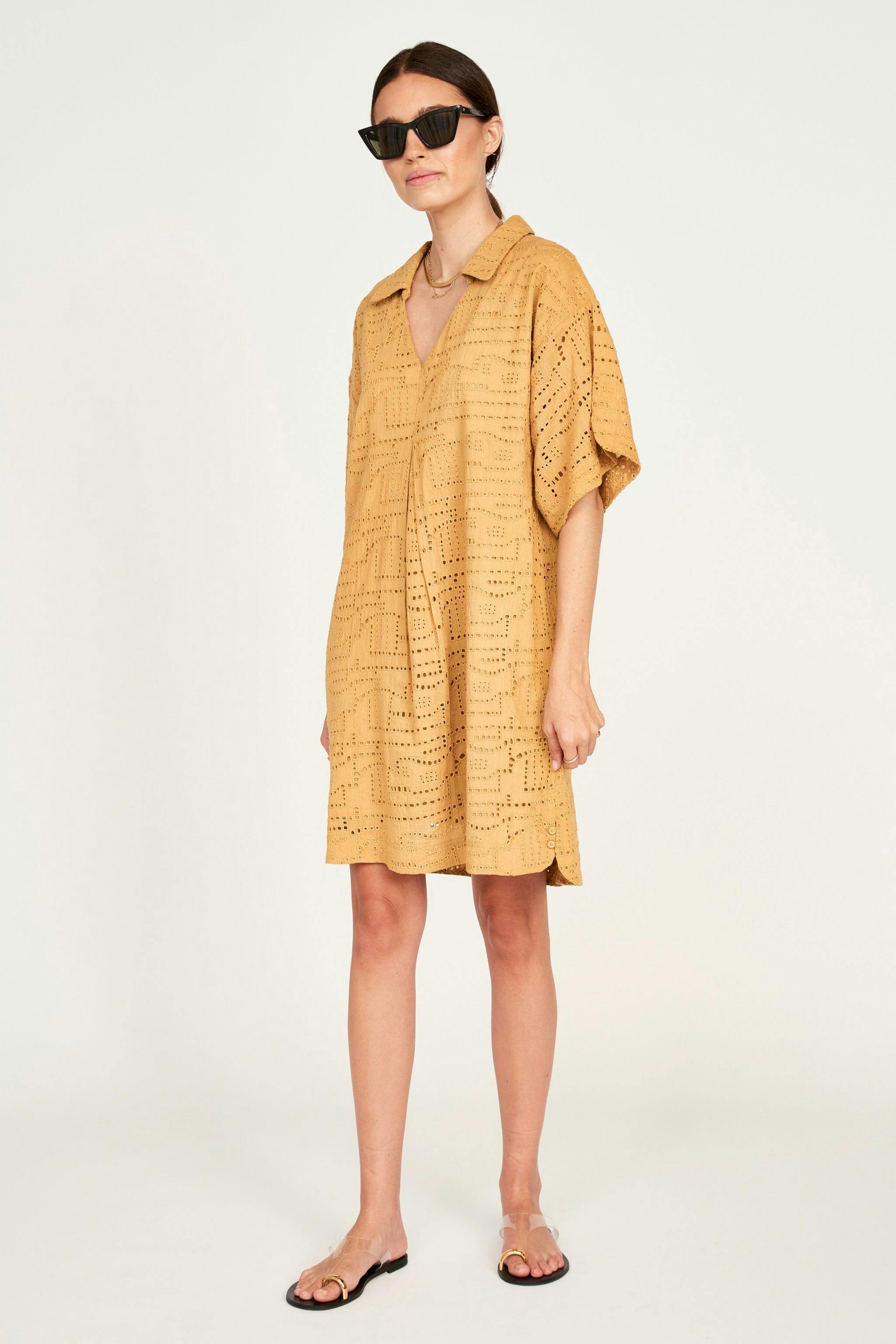 Lanai Popover Dress in Golden Eyelet