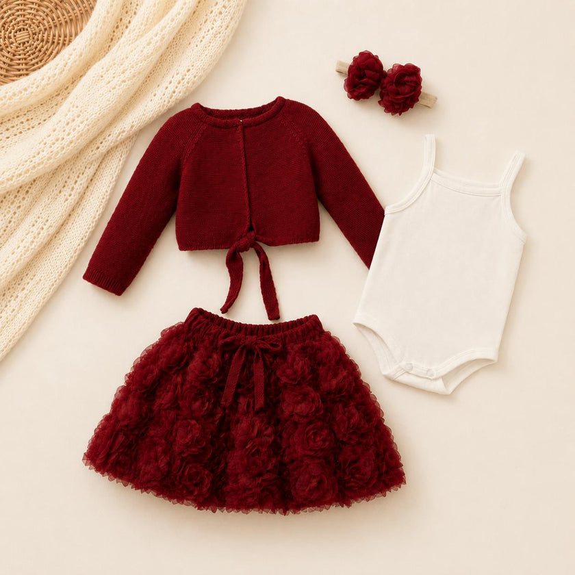 Baby Girl Cotton Outfit Set – Floral Skirt, Knit Bolero, Bodysuit & Matching Headband