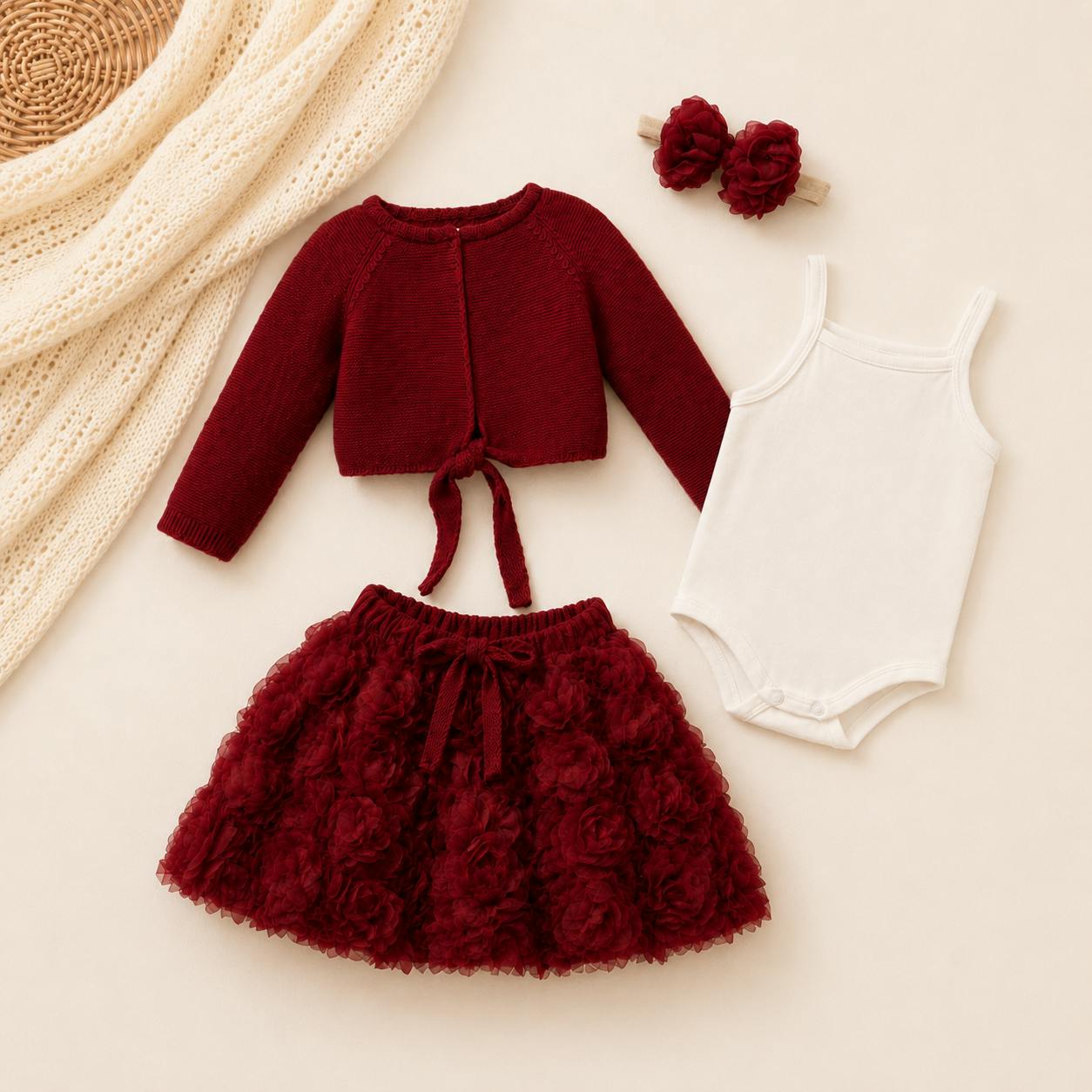 Baby Girl Cotton Outfit Set – Floral Skirt, Knit Bolero, Bodysuit & Matching Headband