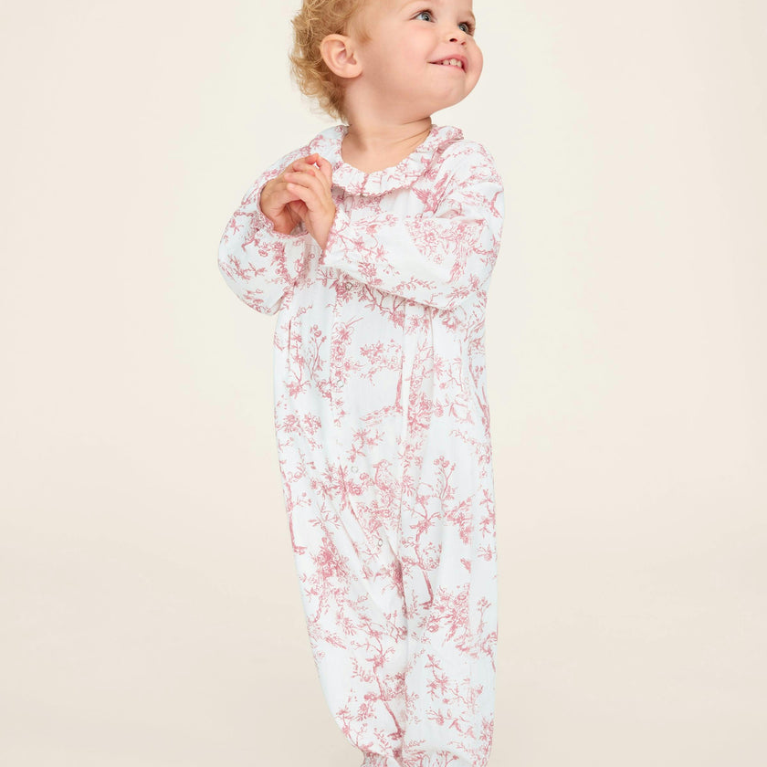 Baby's Twill Madeline Romper in Pink Timeless Toile