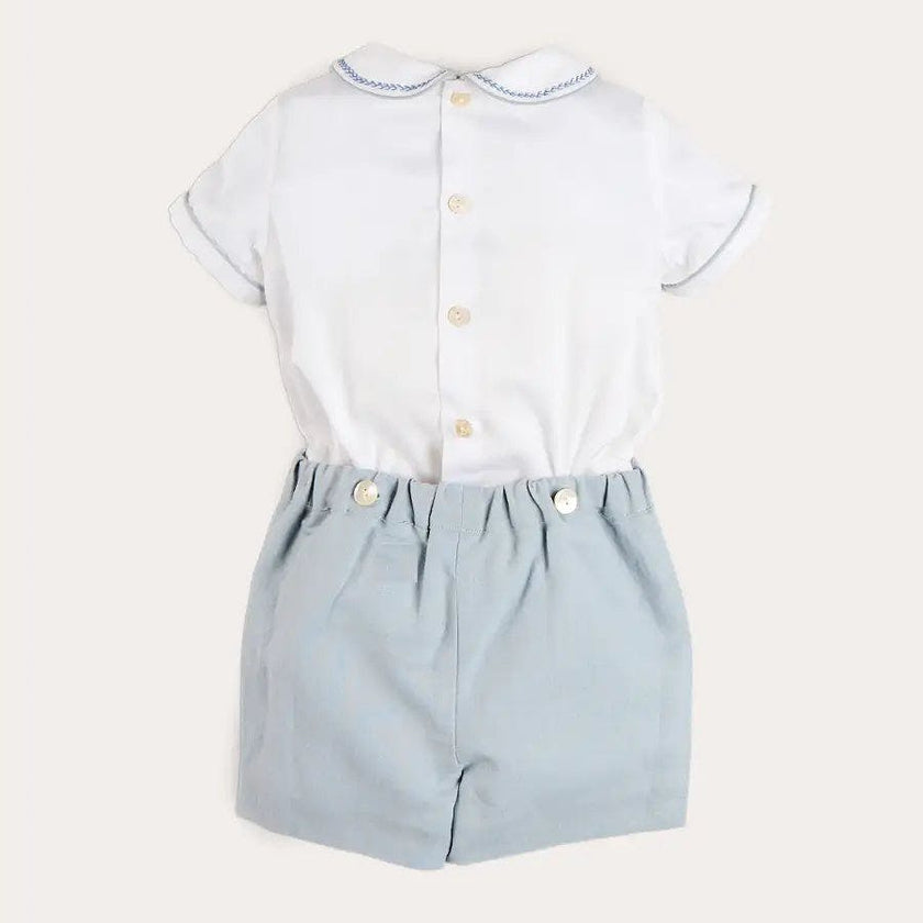 Hand Smocked Peter Pan Collar Short Sleeve Two Piece Set in Sky Blue (12mths-6yrs)