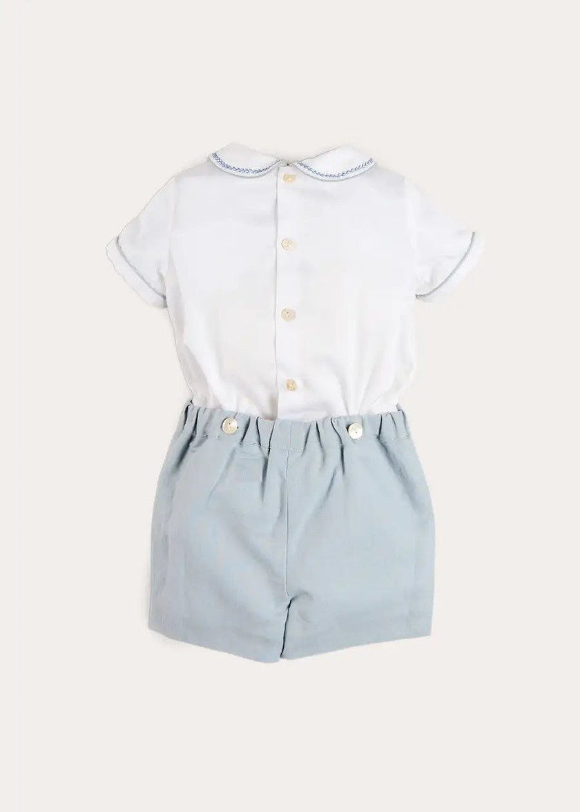 Hand Smocked Peter Pan Collar Short Sleeve Two Piece Set in Sky Blue (12mths-6yrs)