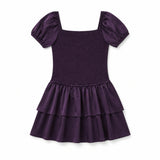 Lexi Aubergine Satin Smocked Short Sleeve Ruffle Dress