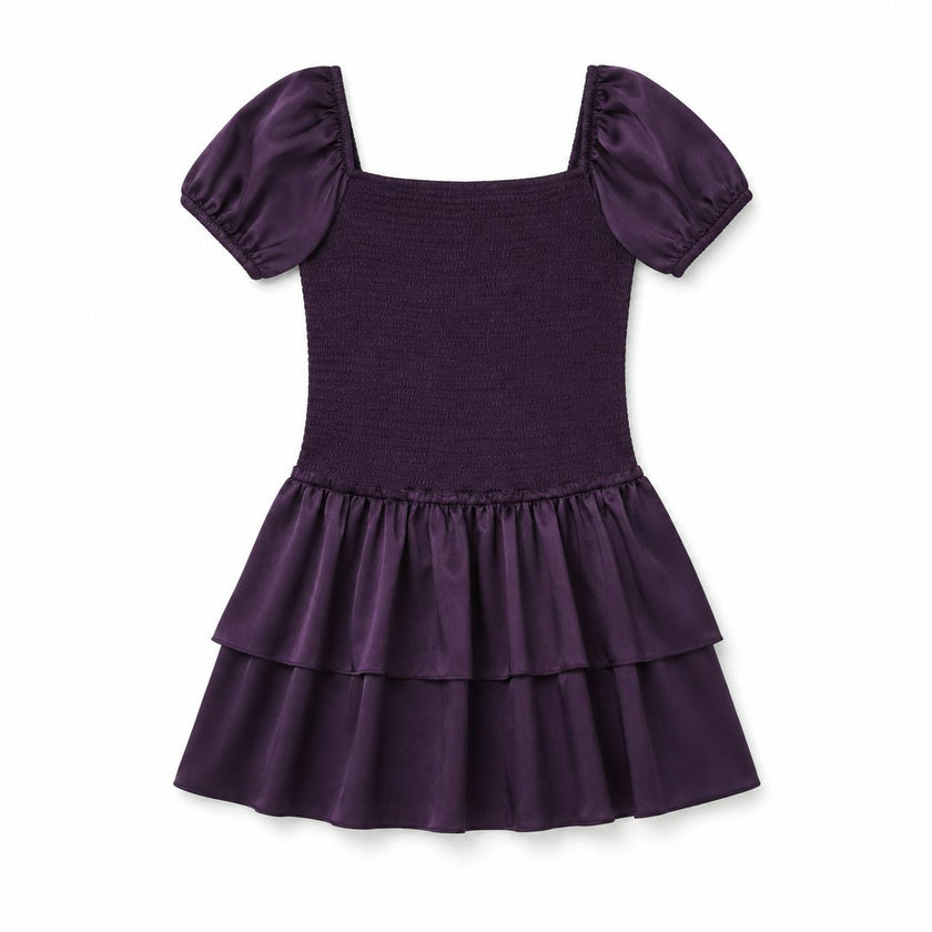 Lexi Aubergine Satin Smocked Short Sleeve Ruffle Dress