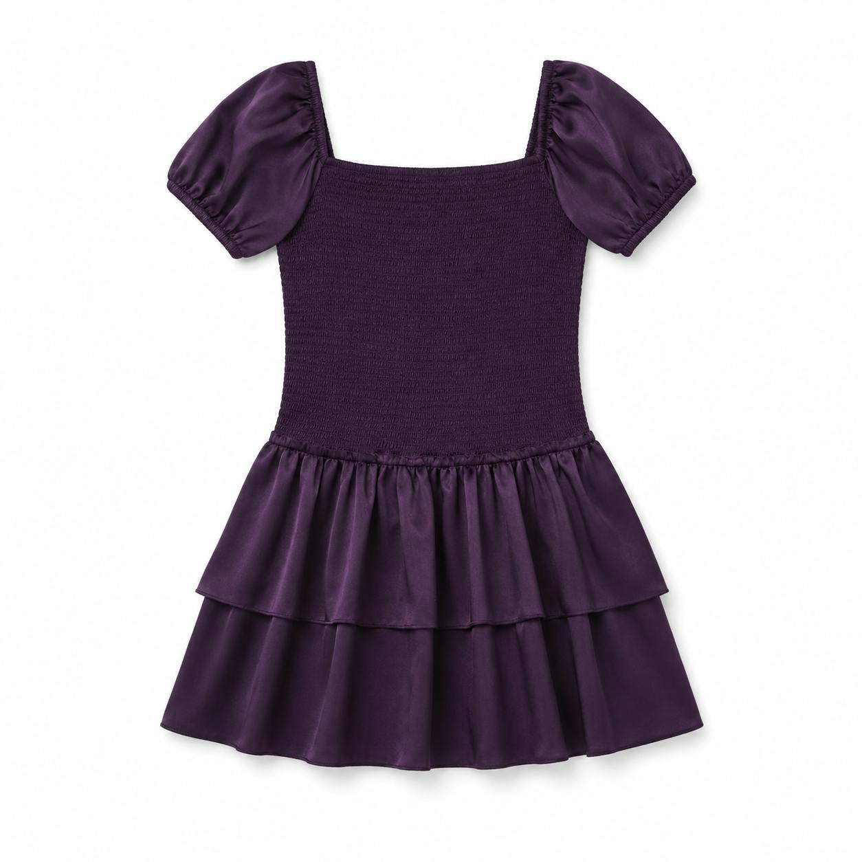 Lexi Aubergine Satin Smocked Short Sleeve Ruffle Dress