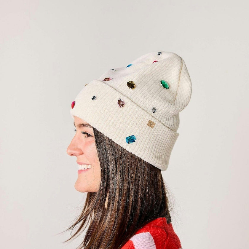 Packed Party White Gem Rhinestone Knit Beanie and Mittens Set - Double-Layer Rib Knit with Iridescent Gems and Rhinestone Mittens, One Size Fits All