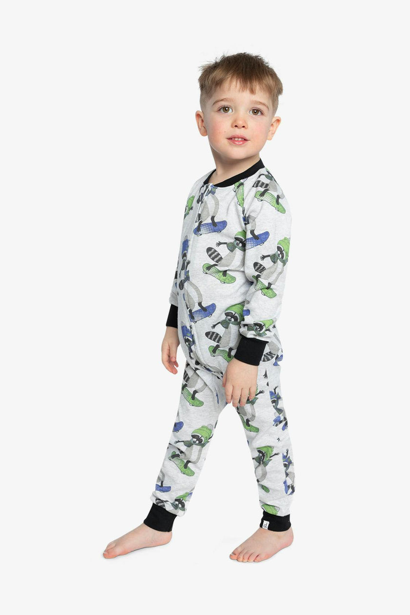Organic Cotton One Piece Pajama Beige Raccoon Print