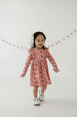 Girls Long Sleeve Ruffle Dress in Cherry Hearts