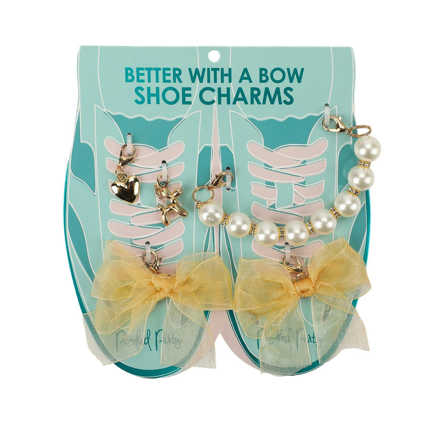 Packed Party Lace Bows and Gold Charms Shoe Charm Set 5pc - Lace Bow, Gold Star, Heart Charm, and Beaded Flower with Lobster Clips for Sneakers, 2.75x3.3 Inch