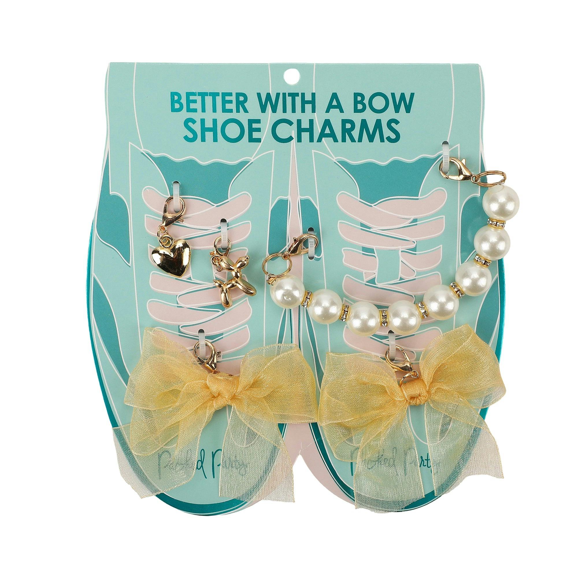 Packed Party Lace Bows and Gold Charms Shoe Charm Set 5pc - Lace Bow, Gold Star, Heart Charm, and Beaded Flower with Lobster Clips for Sneakers, 2.75x3.3 Inch