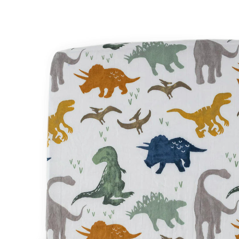 Cotton Muslin Crib Sheet - Dino Friends