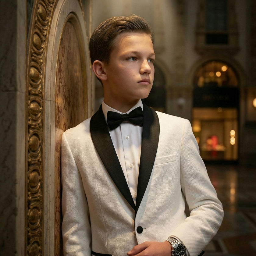 White Suit with Black Shawl Lapel