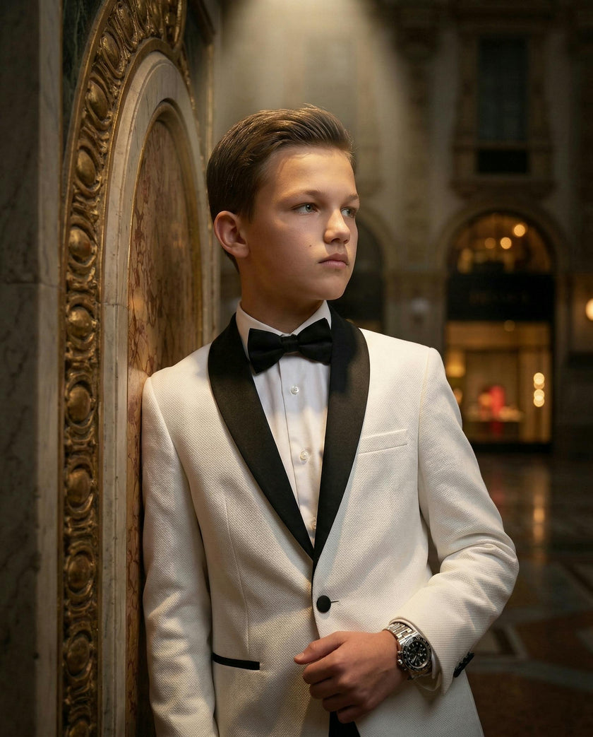 White Suit with Black Shawl Lapel