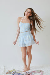 Gemma Pastel Blue With Blue Lace Heart Lurex Smocked Ruffle Mini Skirt