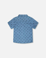 Short Sleeve Chambray Shirt Blue Palm Print