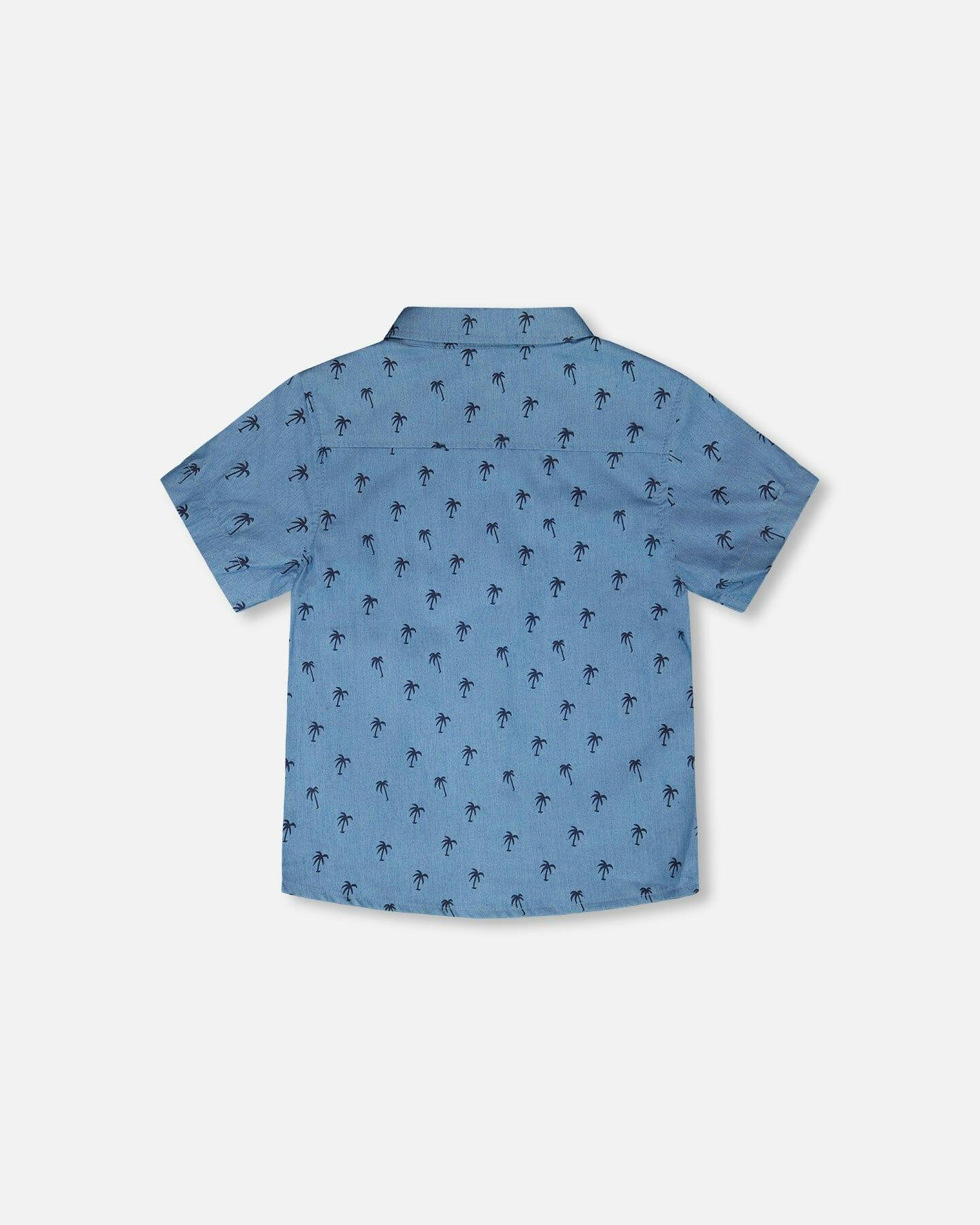 Short Sleeve Chambray Shirt Blue Palm Print
