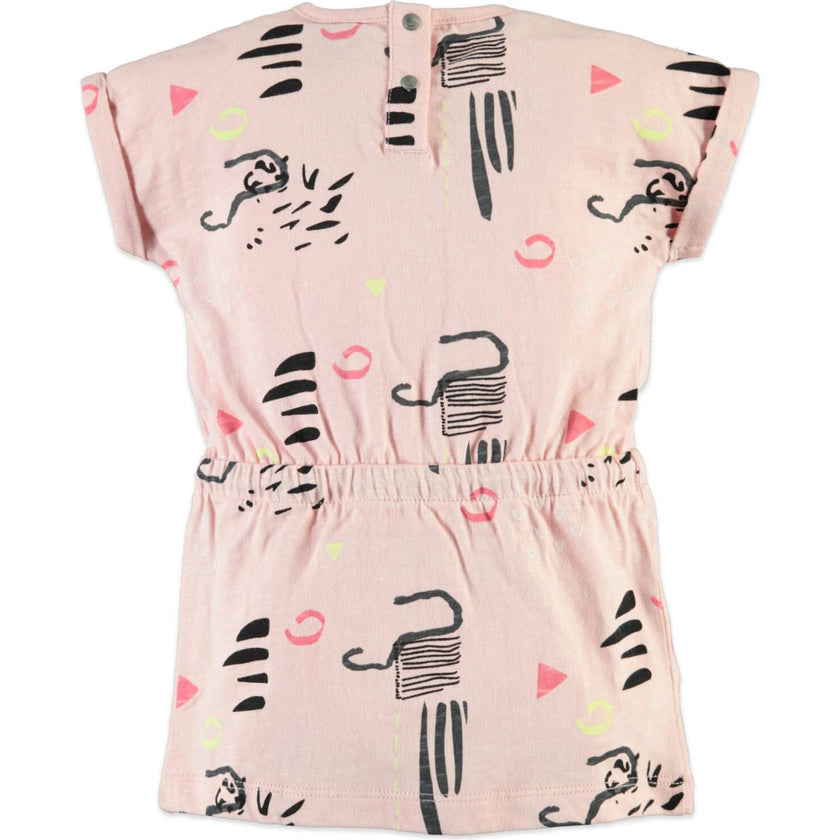 All-Over Abstract Print Short Sleeve Cinched Waist Dress