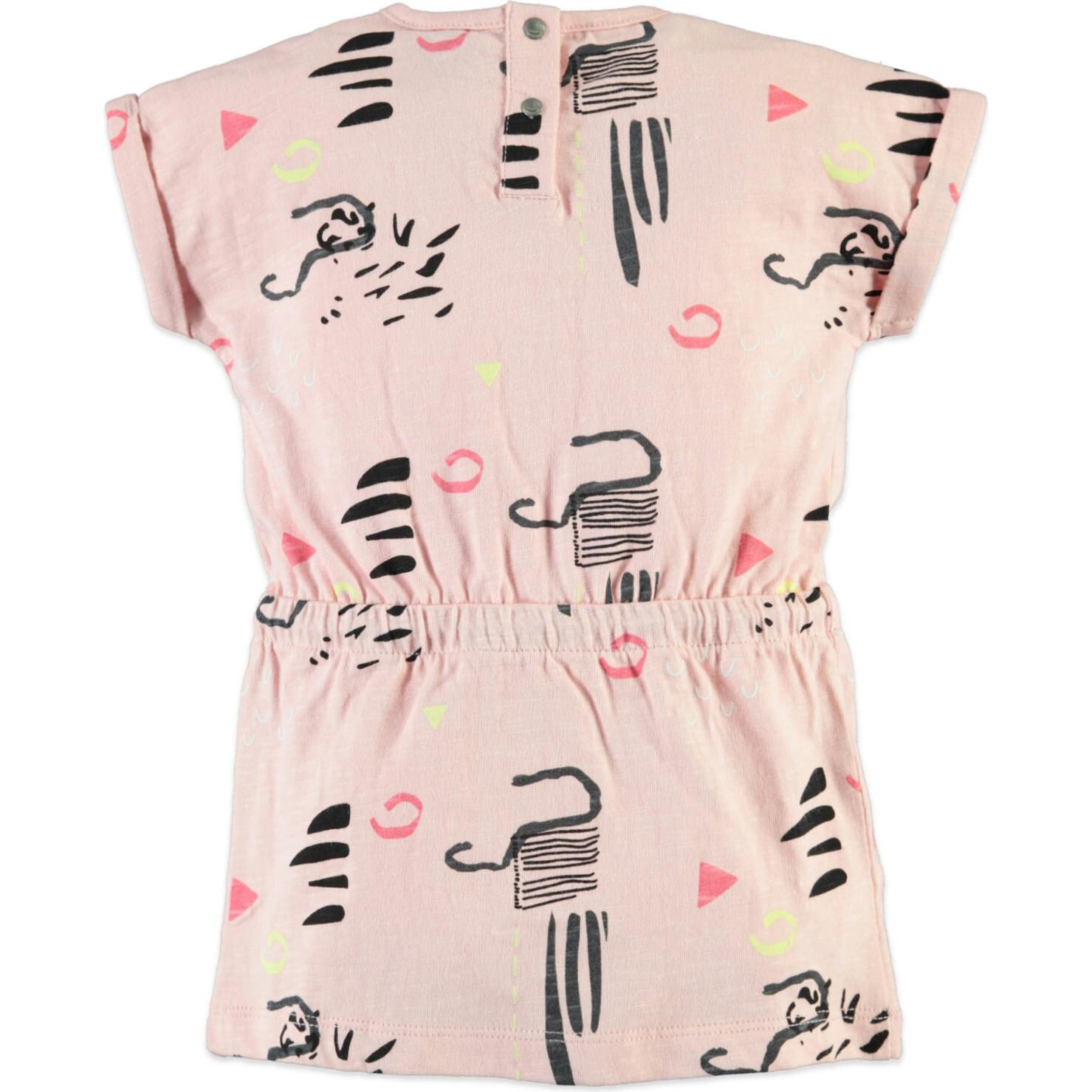 All-Over Abstract Print Short Sleeve Cinched Waist Dress
