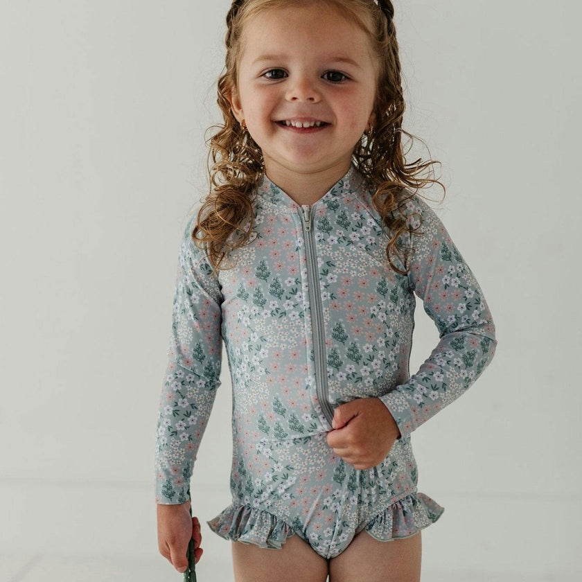 Girl's One-Piece Ruffle Rash Guard Swimsuit