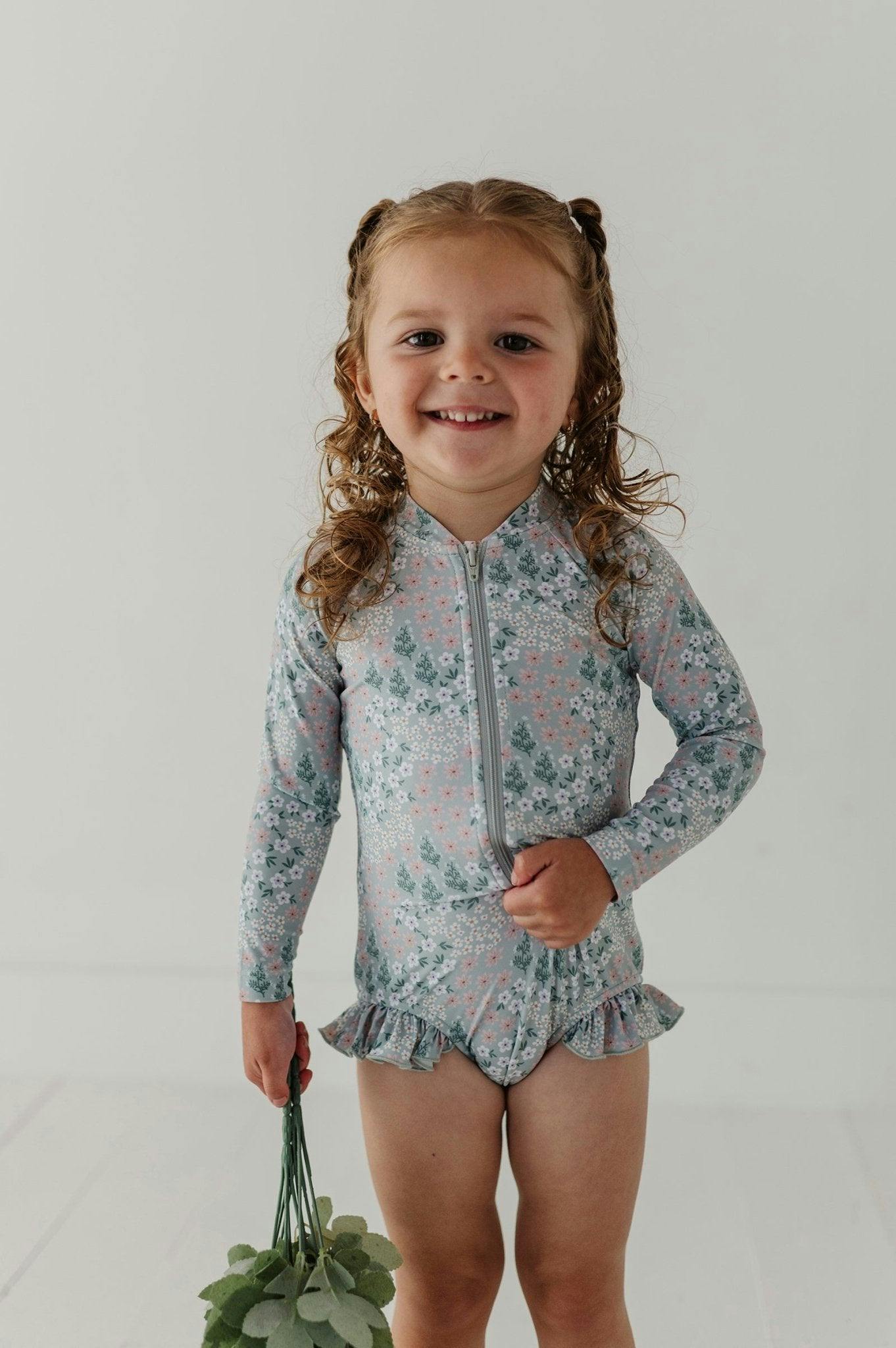 Girls One-Piece Ruffle Rash Guard Swimsuit in Makeup