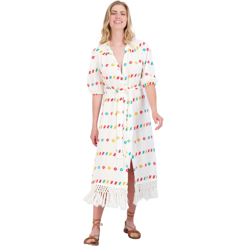 Women's Estelle Embroidered Fringed Shirt Dress, White