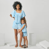 Girls Millie Ruffle Short - Blue Dewdrop Block Print