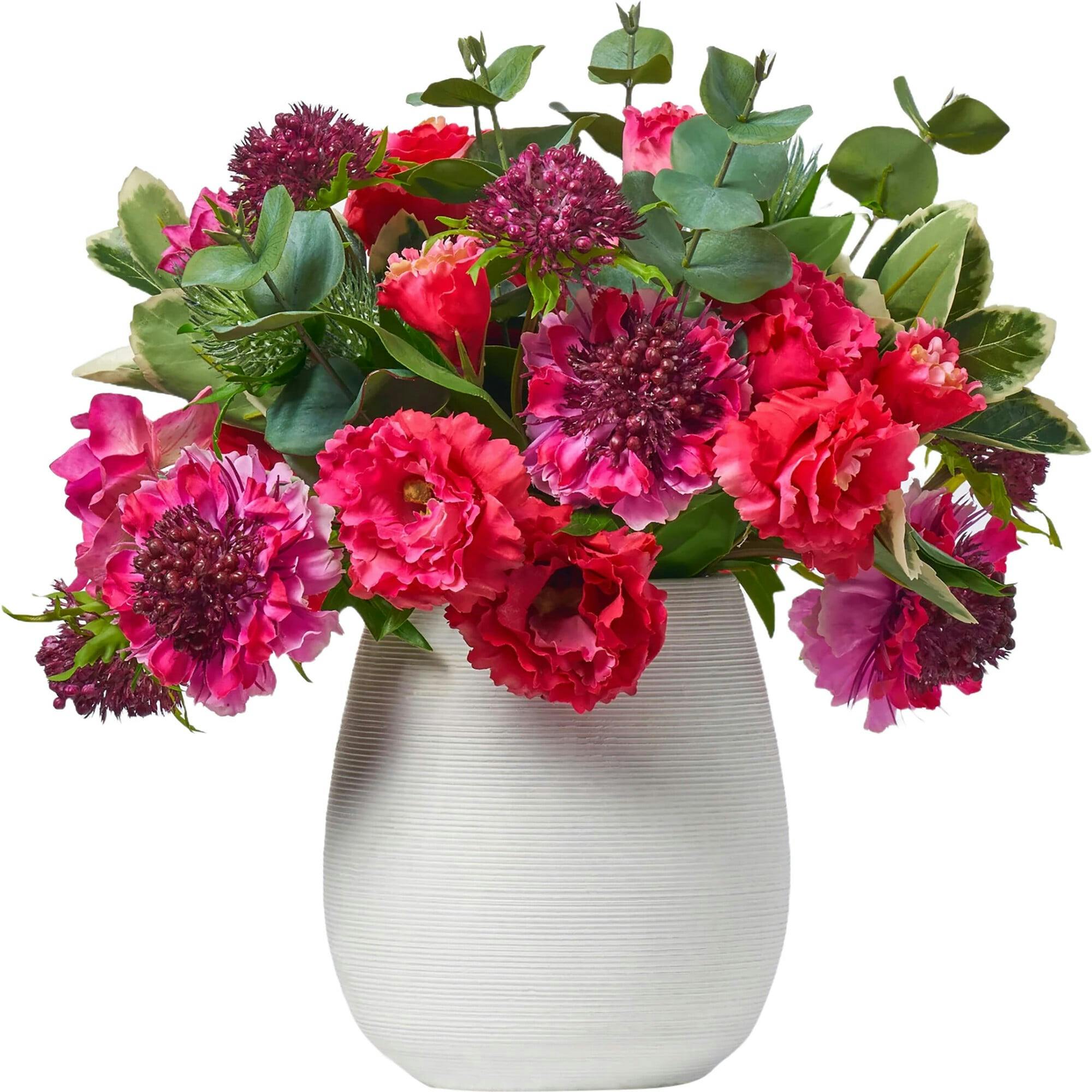 Real Touch Fuchsia Scabiosa, Lisianthus & Thistle Spring Arrangement in Horizontal Groove Cement Vase