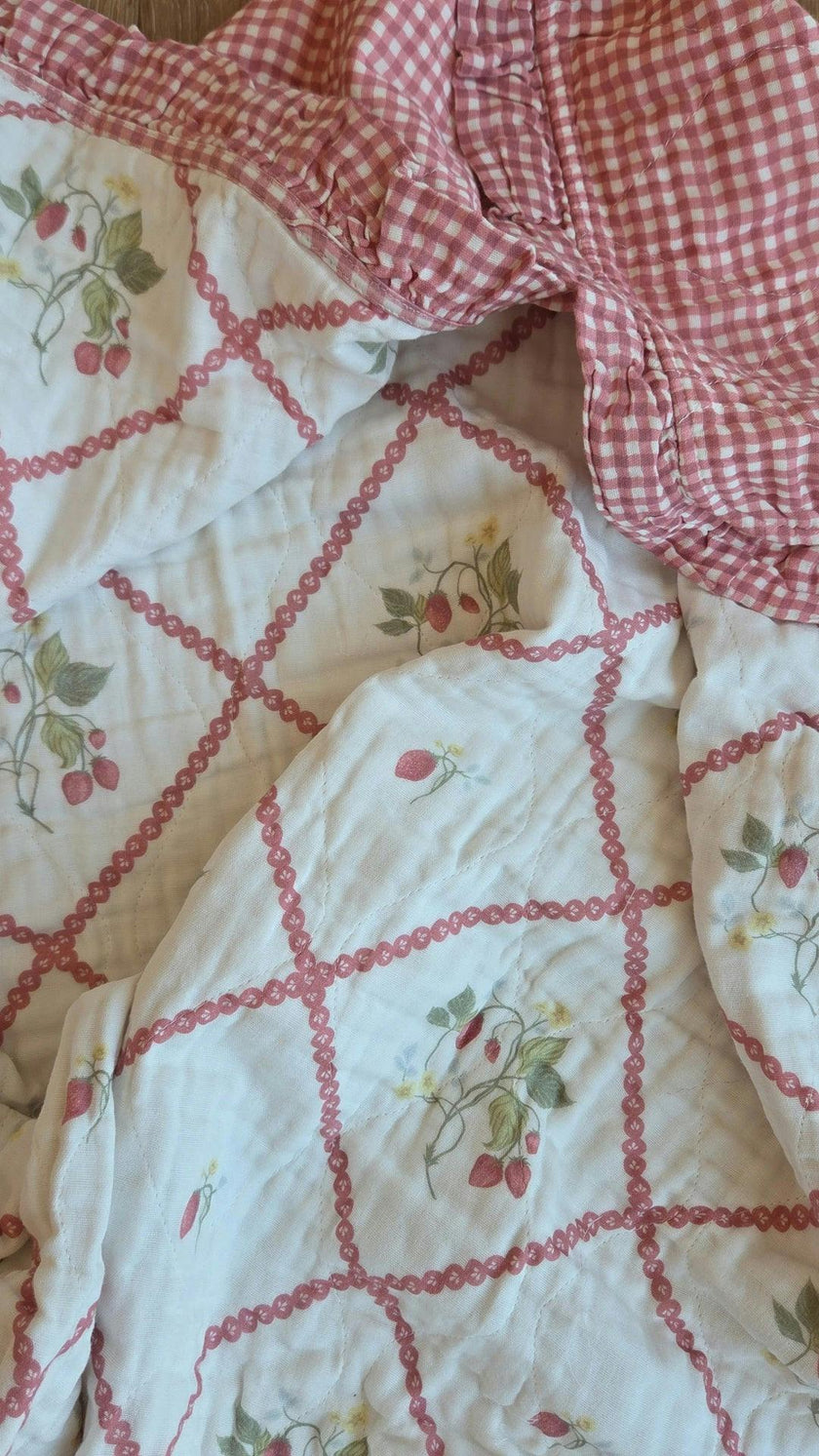 Ruby Strawberry Ruffle Quilt 6 Layer Gauze Blanket