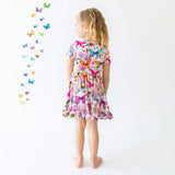 Watercolor Butterfly Short Sleeve Ruffled Twirl Dress