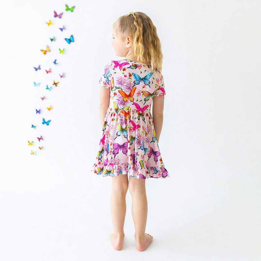 Watercolor Butterfly Short Sleeve Ruffled Twirl Dress