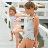 Girls Harbor Stripe Ruffle Halter One Piece