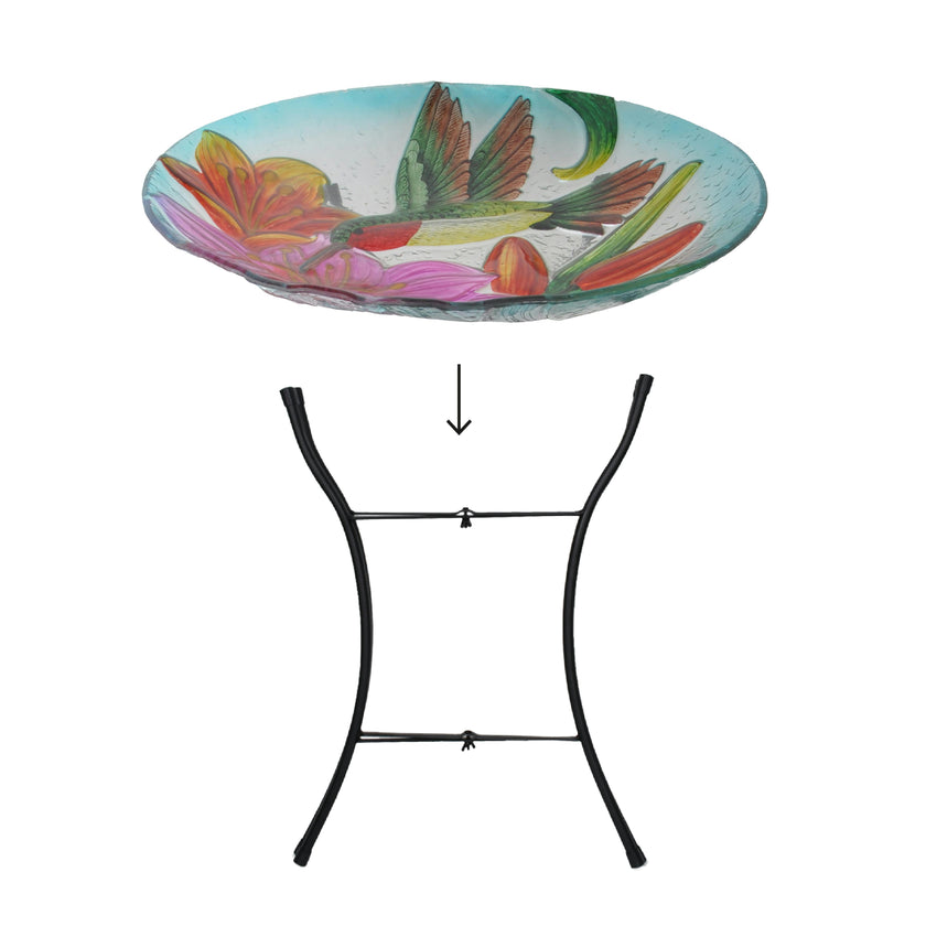 Hand painted Hummingbird Glass Birdbath with Solar LED