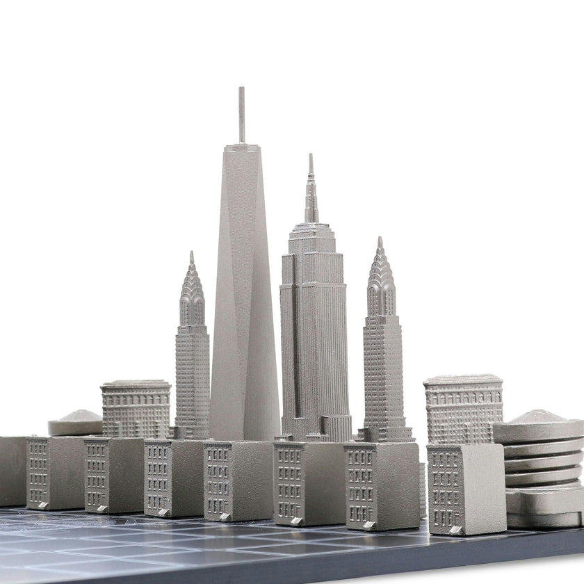 Chess Set Stainless Steel NEW YORK with Wood Map Board