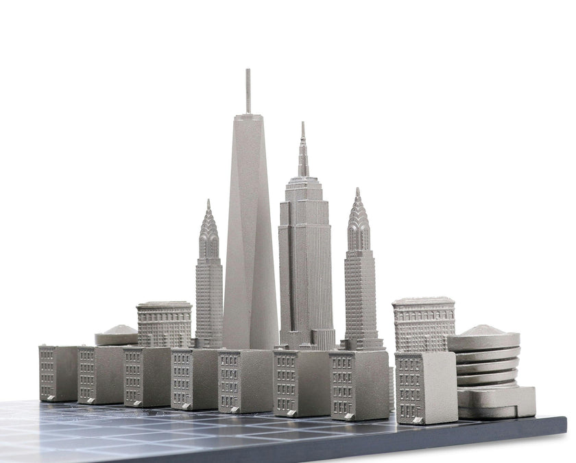 Chess Set Stainless Steel NEW YORK with Wood Map Board