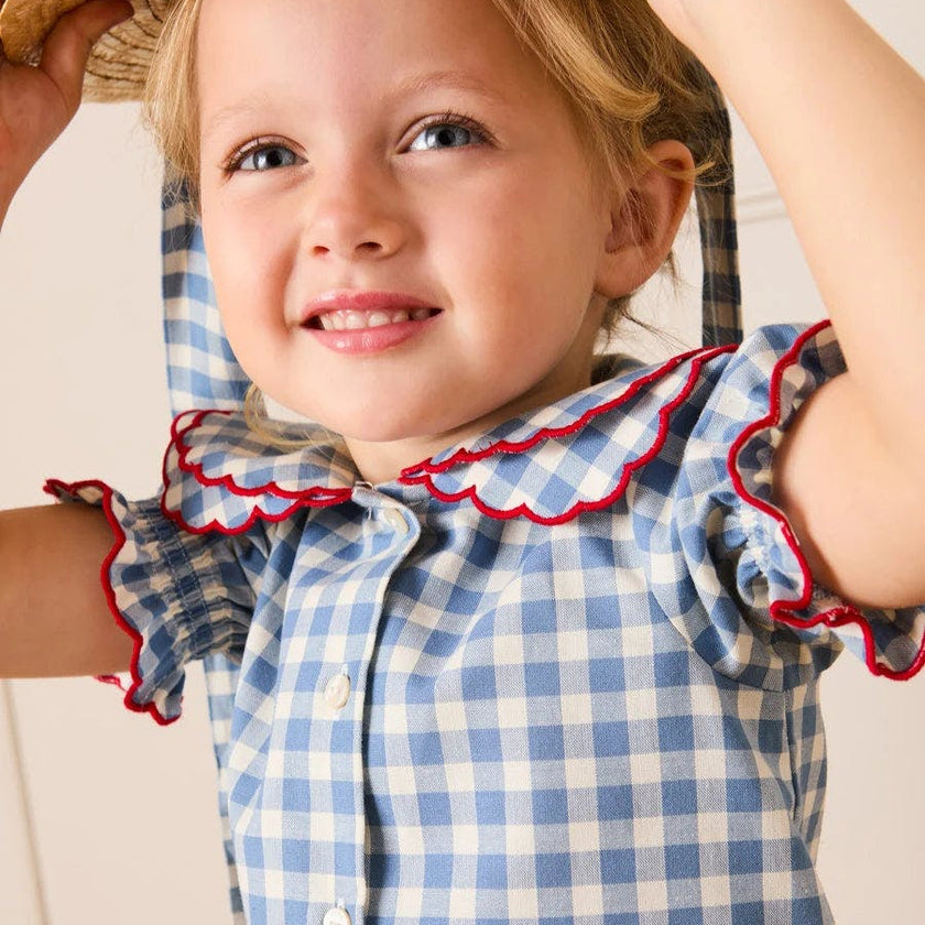 Darby Gingham Scallop Layered Collar Short Sleeve Blouse in Blue (18mths-12yrs)