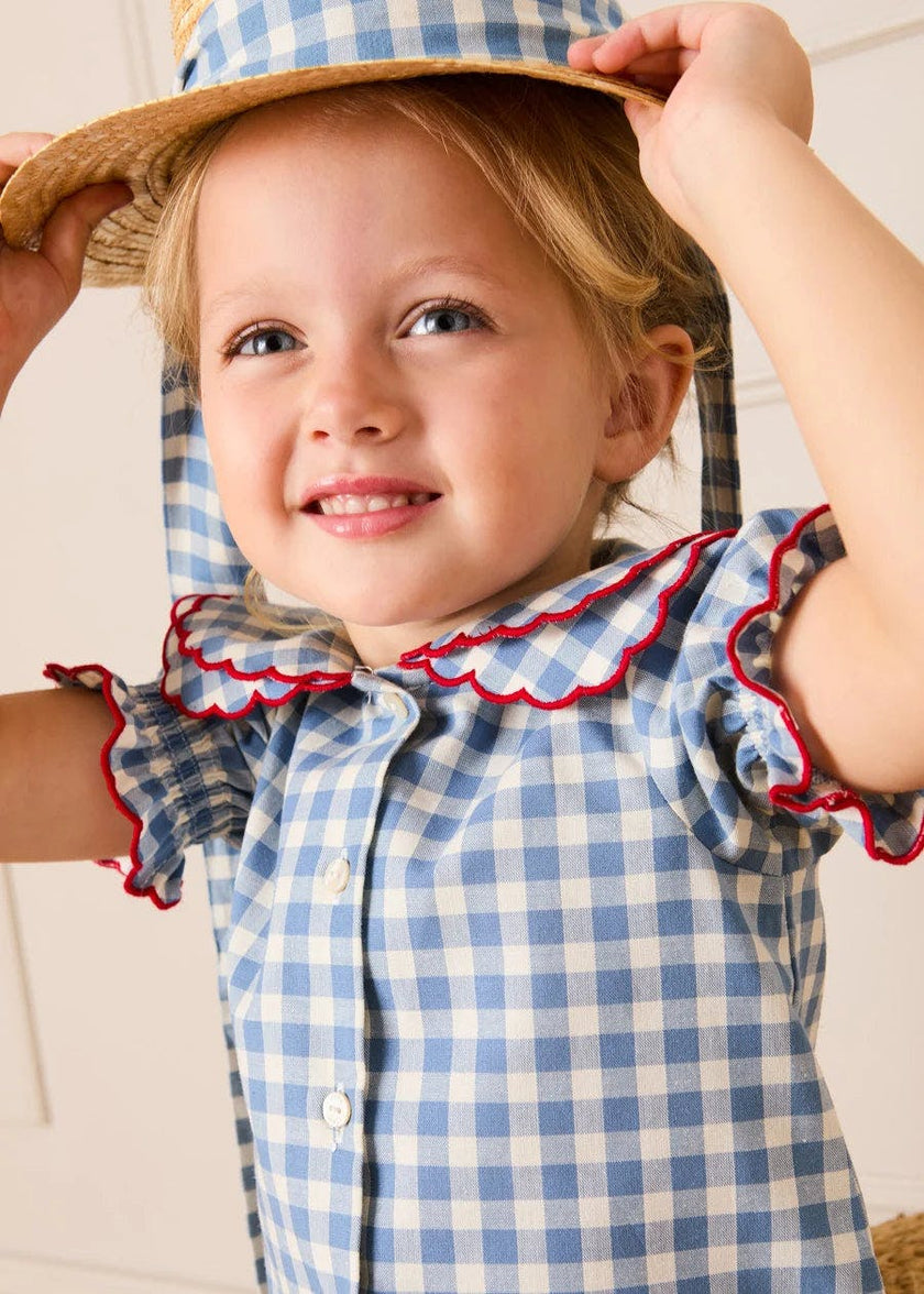 Darby Gingham Scallop Layered Collar Short Sleeve Blouse in Blue (18mths-12yrs)