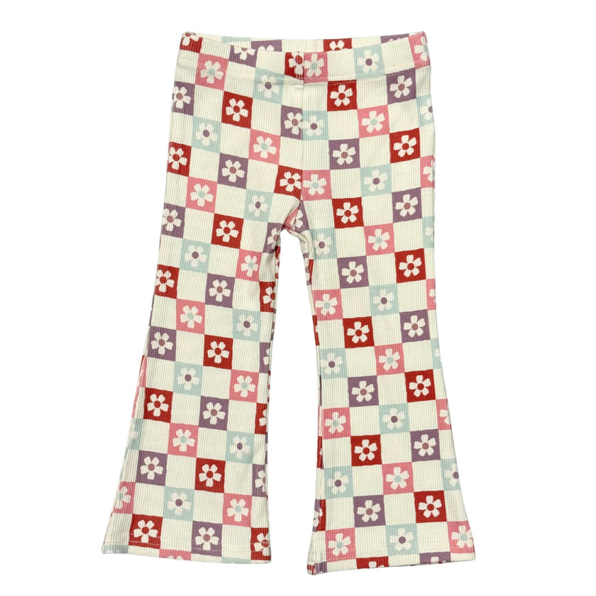 Girls Flare Pants in Wavy Daisy Checkered