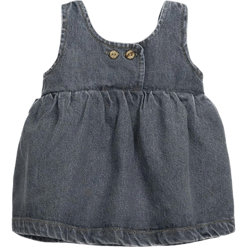 Denim Woven Round Neck Front Coconut Button Overall Dress