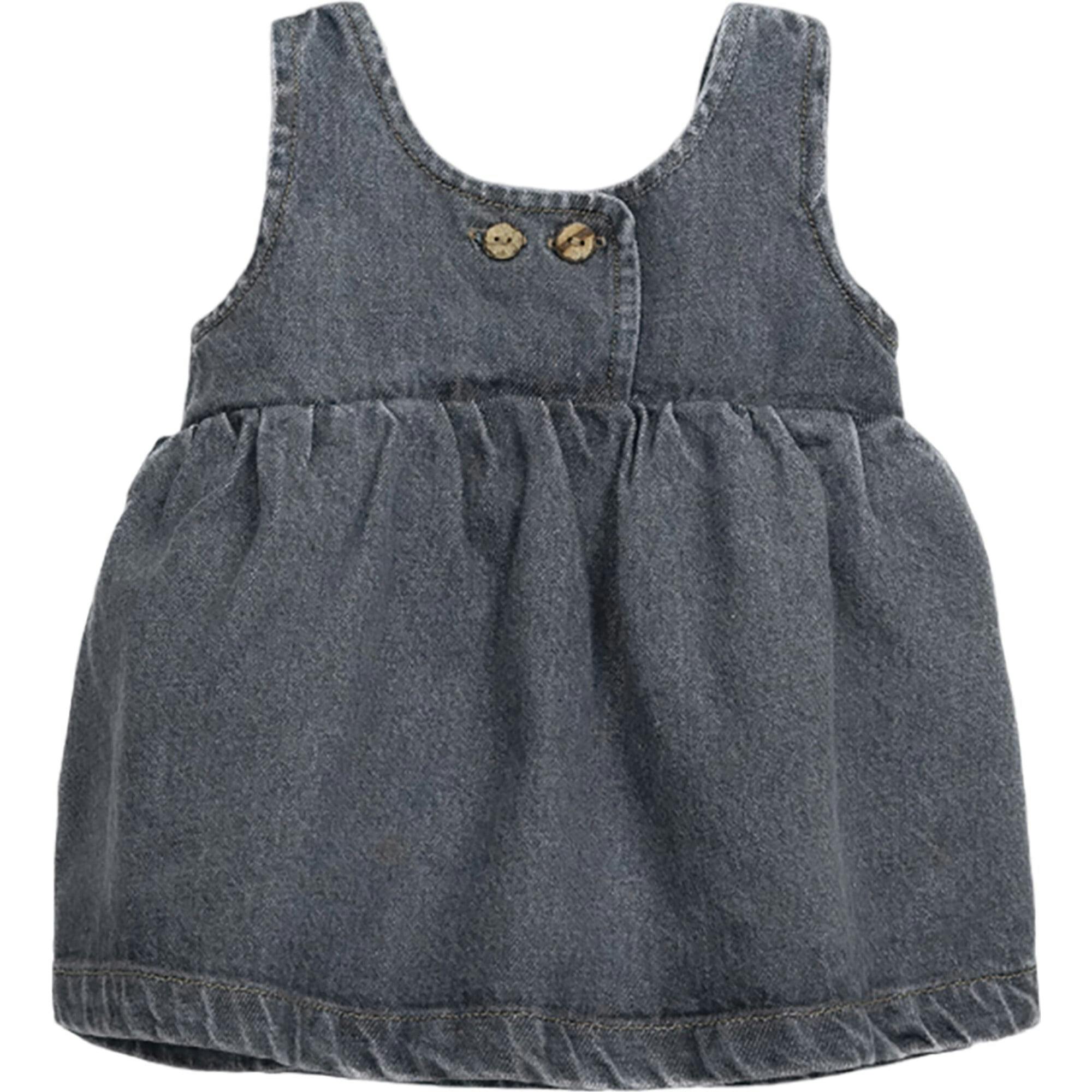 Denim Woven Round Neck Front Coconut Button Overall Dress