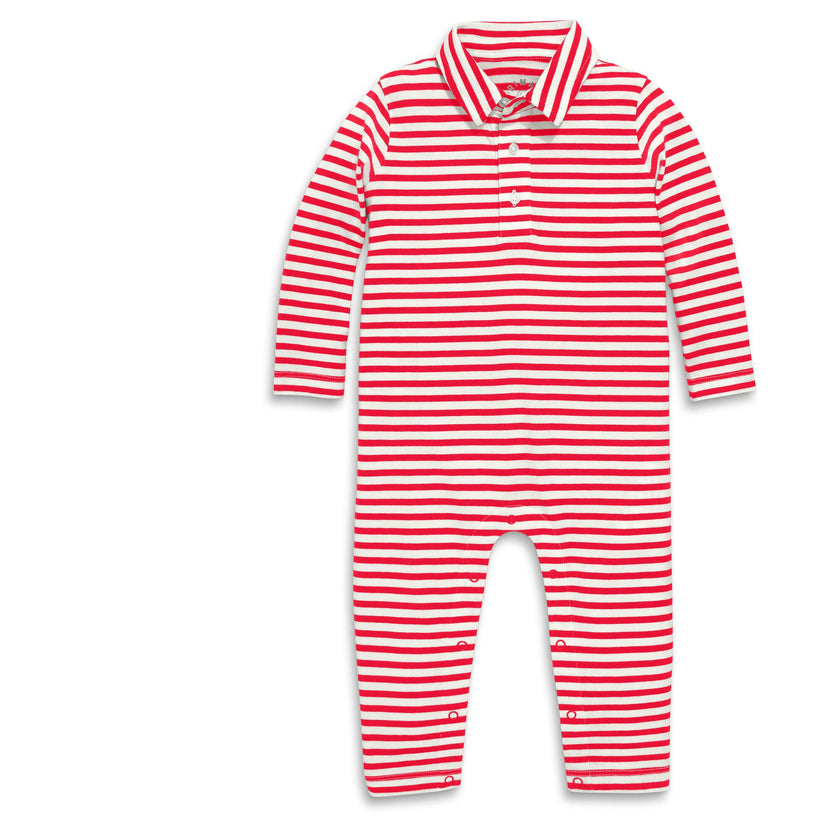 Baby Long Sleeve Polo Romper In Stripe, Stripes