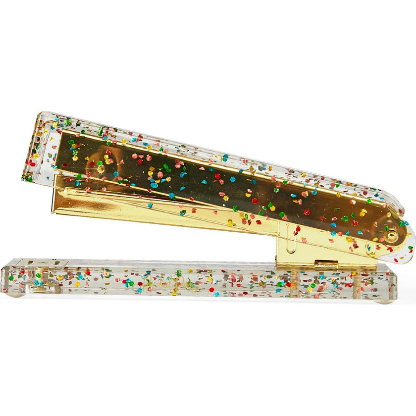 Packed Party Confetti Party Acrylic Stapler - Clear Confetti-Injected Acrylic Stapler with Gold Hardware for Home School and Office Desks, 5.75x2.75 Inch